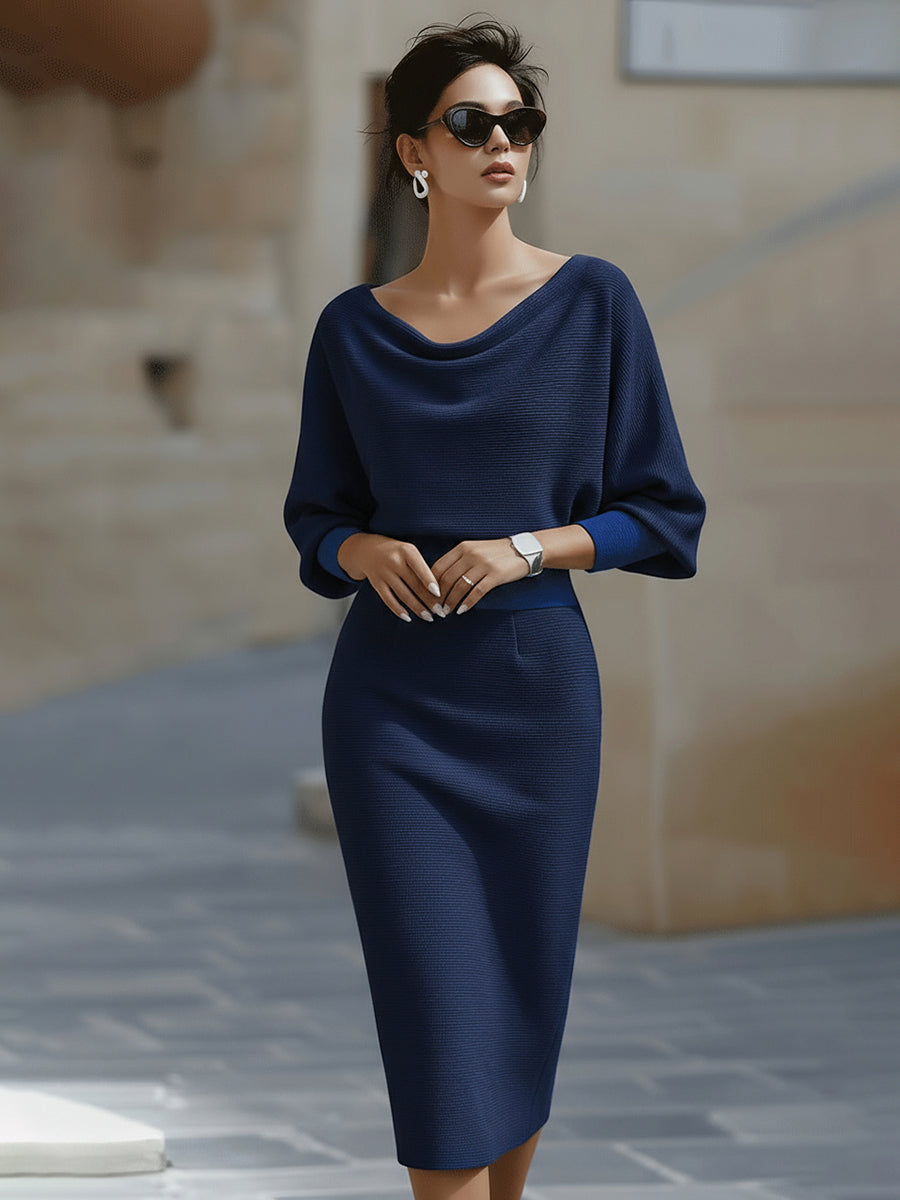 Abito Midi da Donna con Maniche a Pipistrello Drappeggiate | Vestito Elegante a Tubino Morbido
