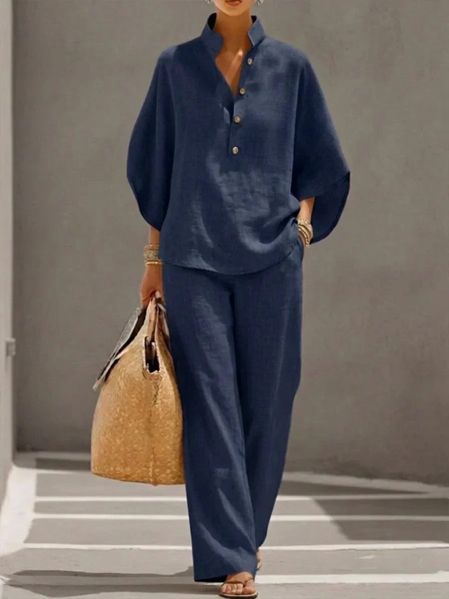 Completo in Lino da Donna a Due Pezzi | Maglia Pipistrello e Pantaloni Ampi