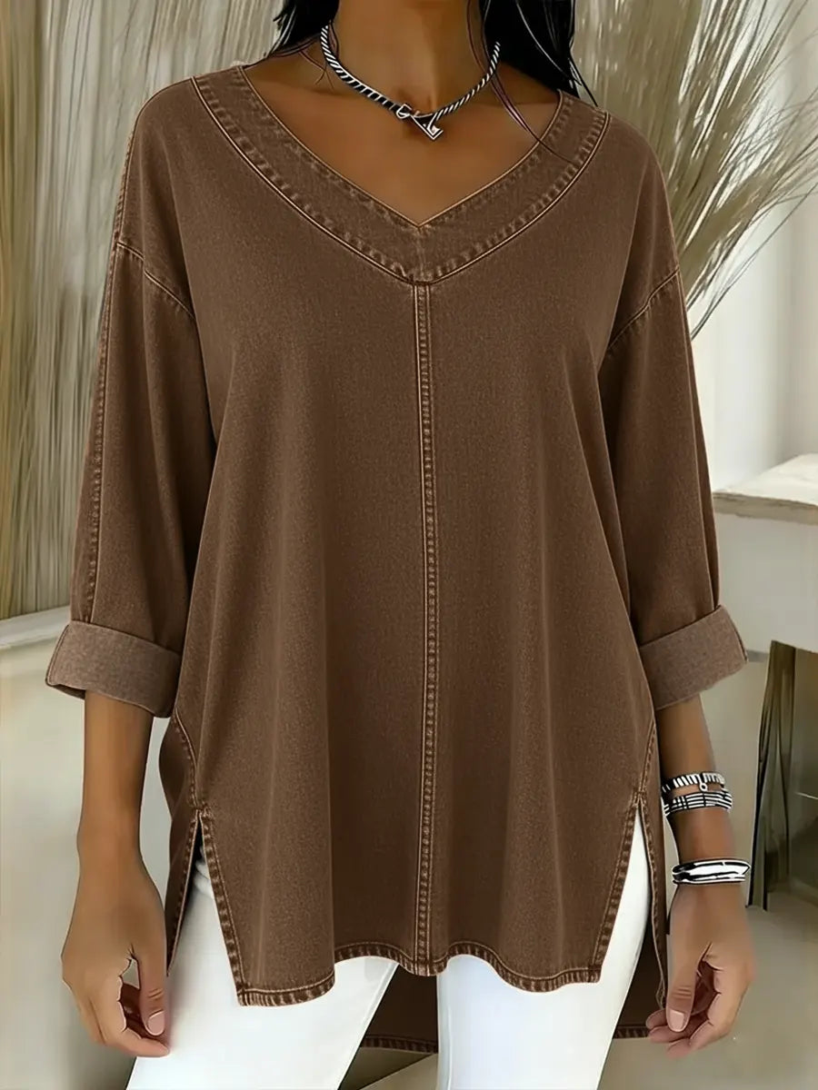 Camicia in Denim da Donna | Blusa Morbida con Scollo a V