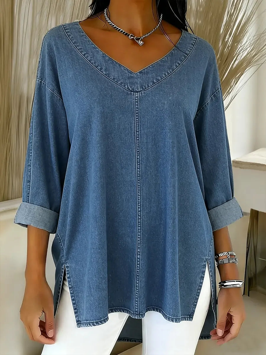 Camicia in Denim da Donna | Blusa Morbida con Scollo a V