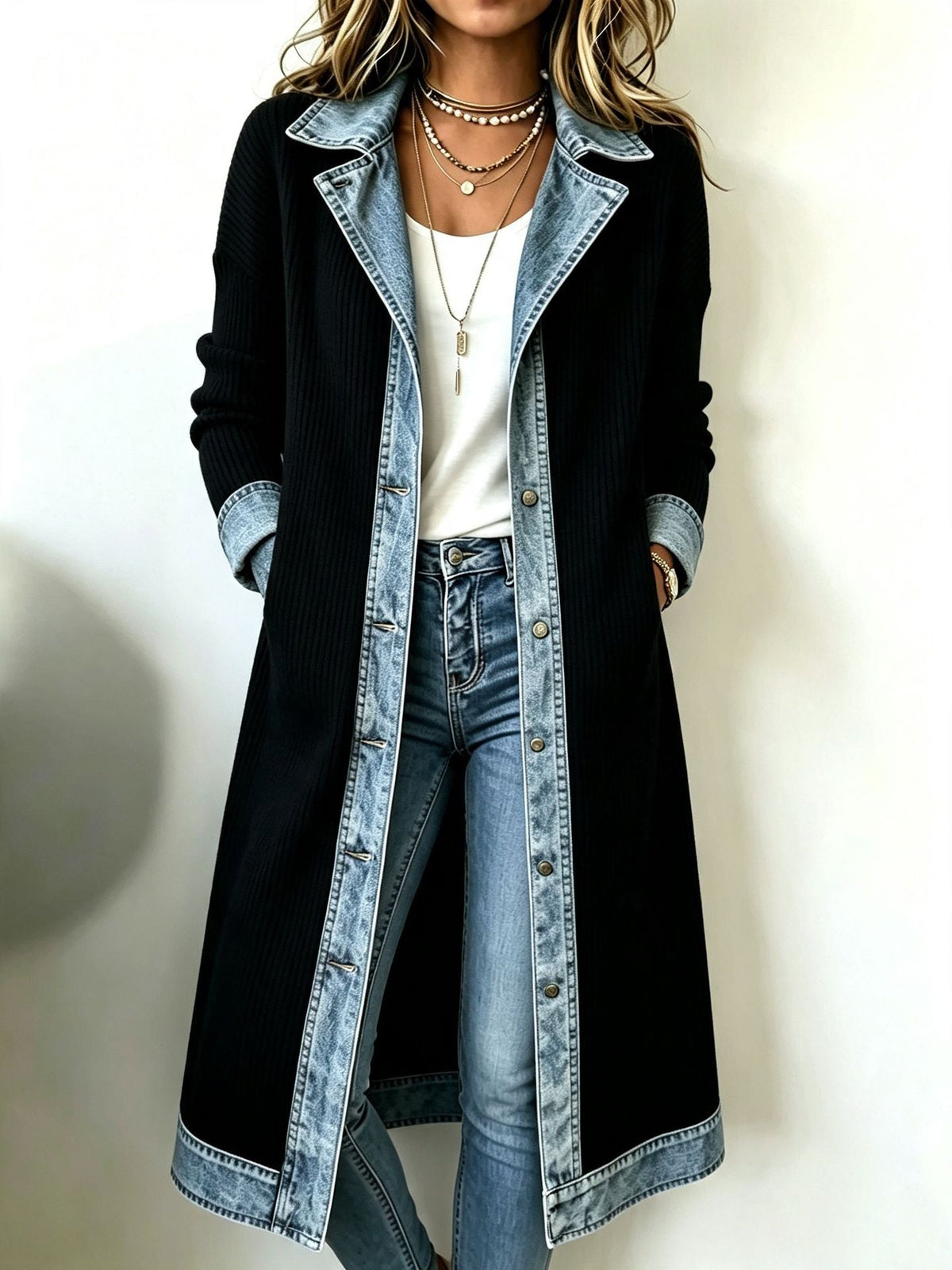 Cardigan Lungo da Donna in Maglia a Costine con Dettagli in Denim | Giacca Ibrida a Maniche Lunghe con Colletto a Camicia