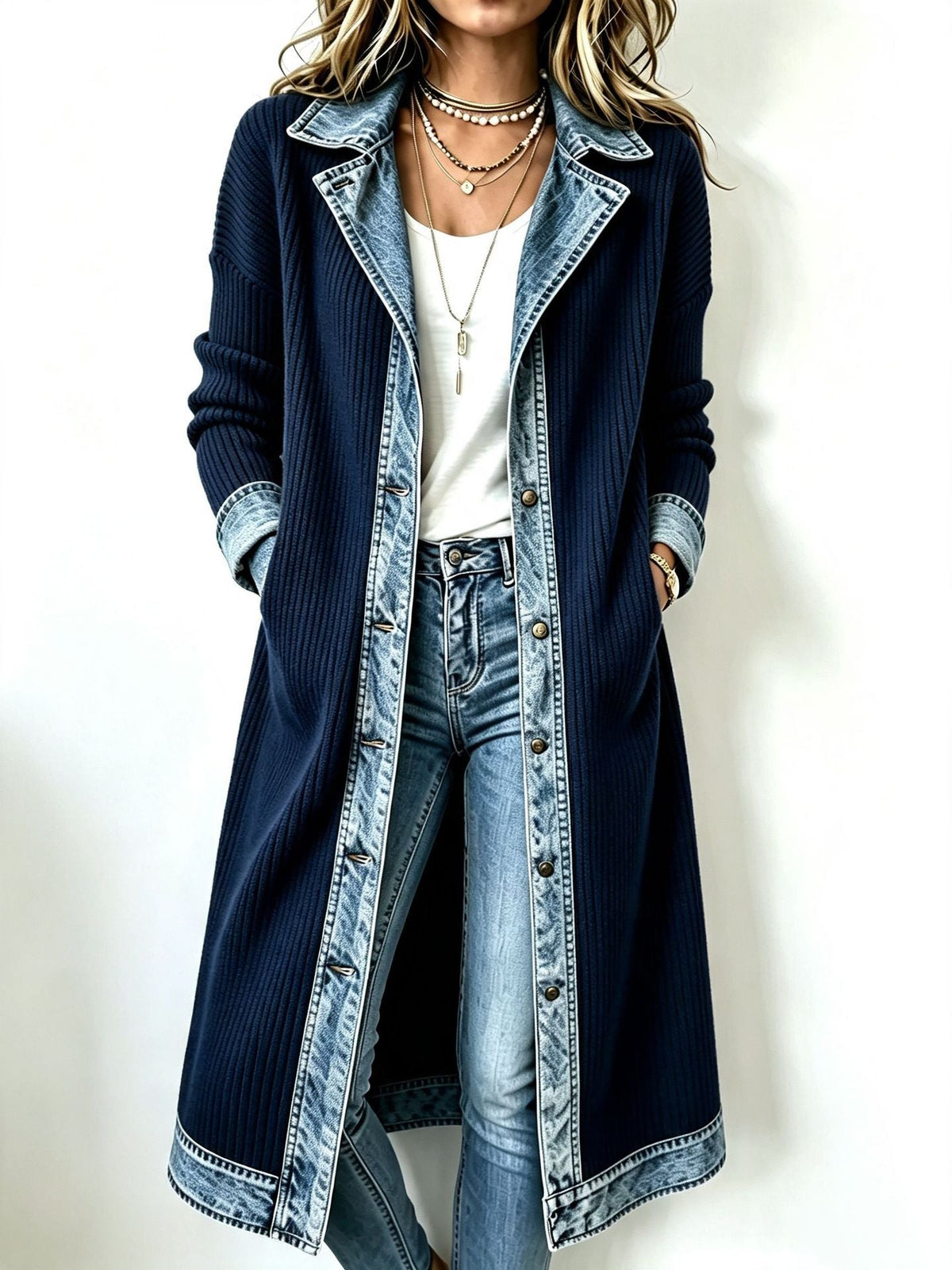 Cardigan Lungo da Donna in Maglia a Costine con Dettagli in Denim | Giacca Ibrida a Maniche Lunghe con Colletto a Camicia