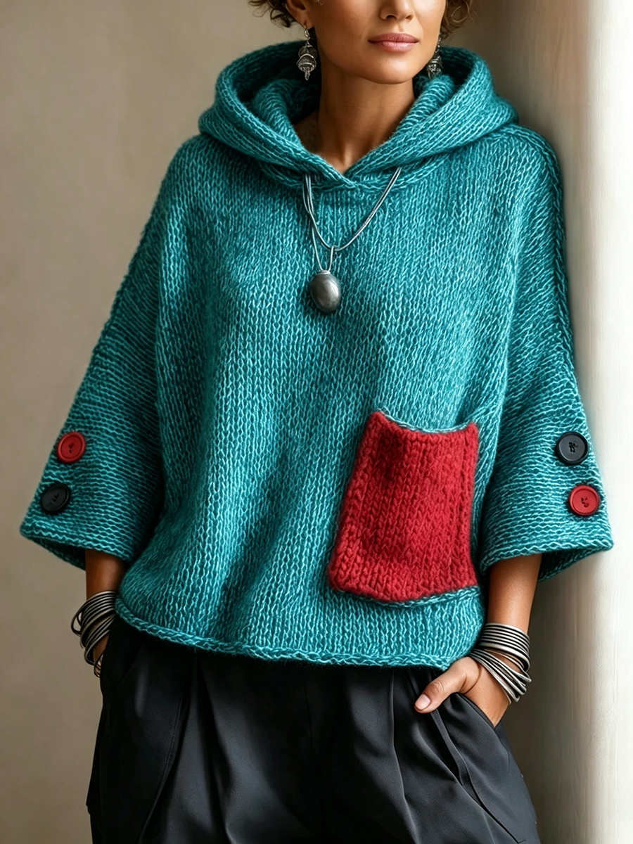 Maglione da Donna con Cappuccio in Maglia Calda e Tasca a Contrasto | Felpa Chic a Maniche a 3/4 con Bottoni Decorativi
