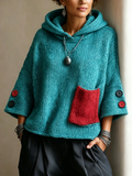 Maglione da Donna con Cappuccio in Maglia Calda e Tasca a Contrasto | Felpa Chic a Maniche a 3/4 con Bottoni Decorativi