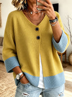 Cardigan Bicolore da Donna con Scollo a V e Maniche a Tre Quarti | Giacca in Maglia Morbida con Due Bottoni Grandi