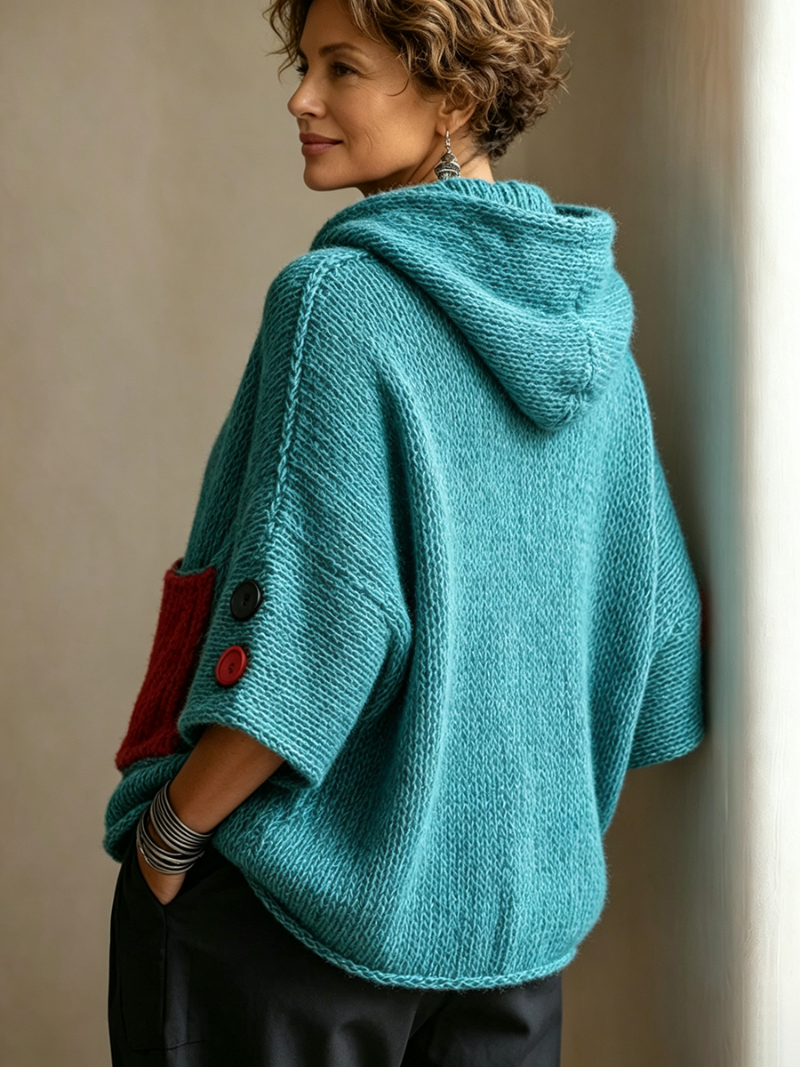 Maglione da Donna con Cappuccio in Maglia Calda e Tasca a Contrasto | Felpa Chic a Maniche a 3/4 con Bottoni Decorativi