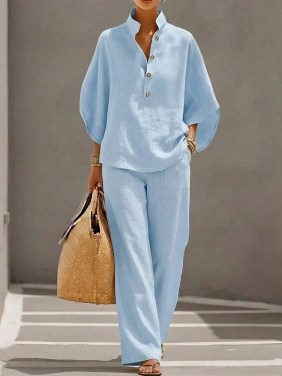 Completo in Lino da Donna a Due Pezzi | Maglia Pipistrello e Pantaloni Ampi