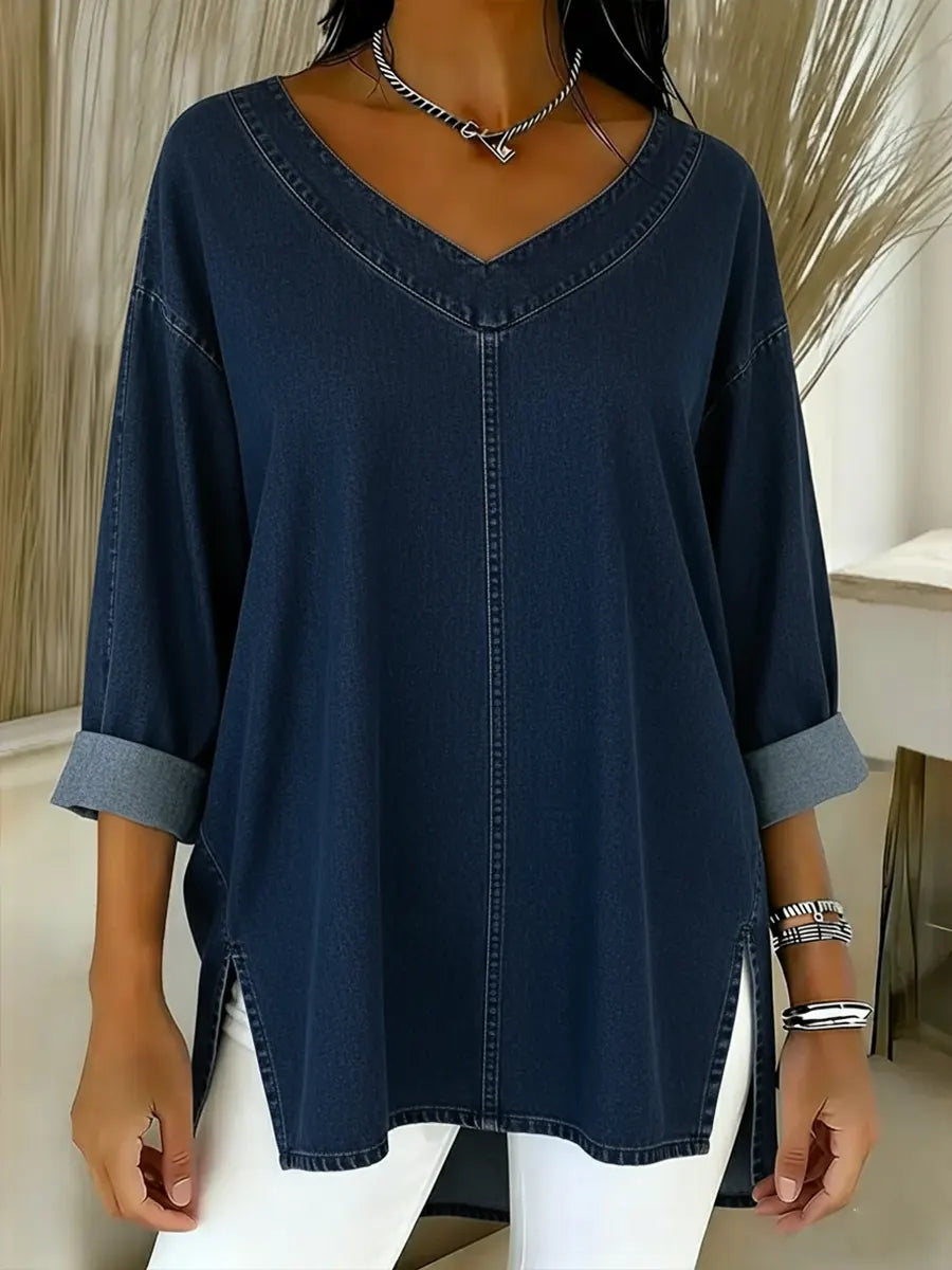 Camicia in Denim da Donna | Blusa Morbida con Scollo a V
