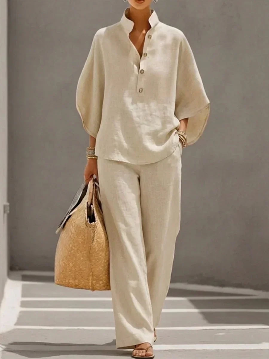 Completo in Lino da Donna a Due Pezzi | Maglia Pipistrello e Pantaloni Ampi