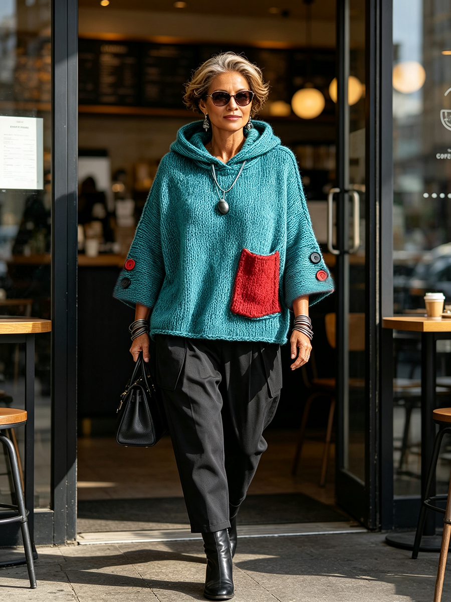 Maglione da Donna con Cappuccio in Maglia Calda e Tasca a Contrasto | Felpa Chic a Maniche a 3/4 con Bottoni Decorativi