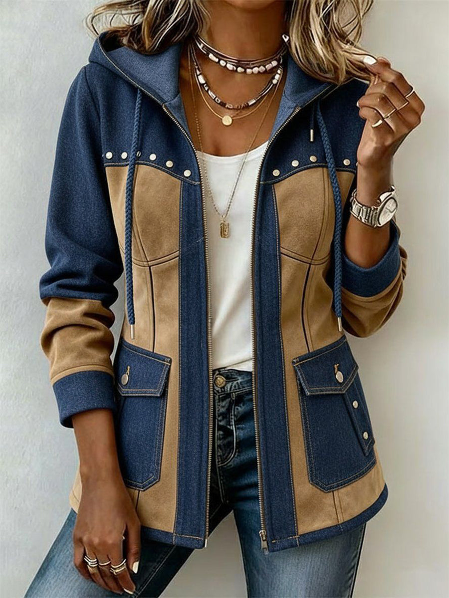 Giacca Bicolore da Donna con Cappuccio in Stile Western e Dettagli Borchie