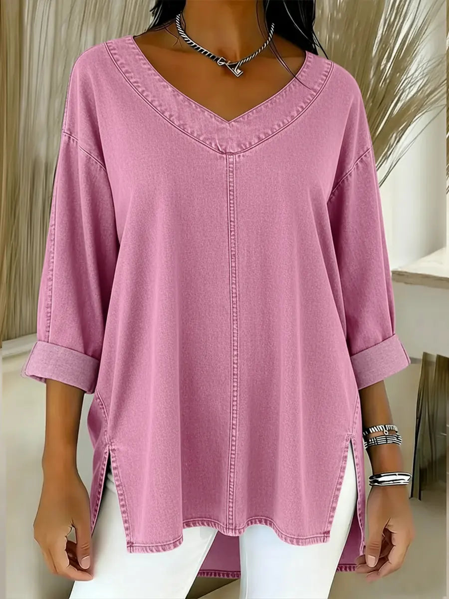Camicia in Denim da Donna | Blusa Morbida con Scollo a V