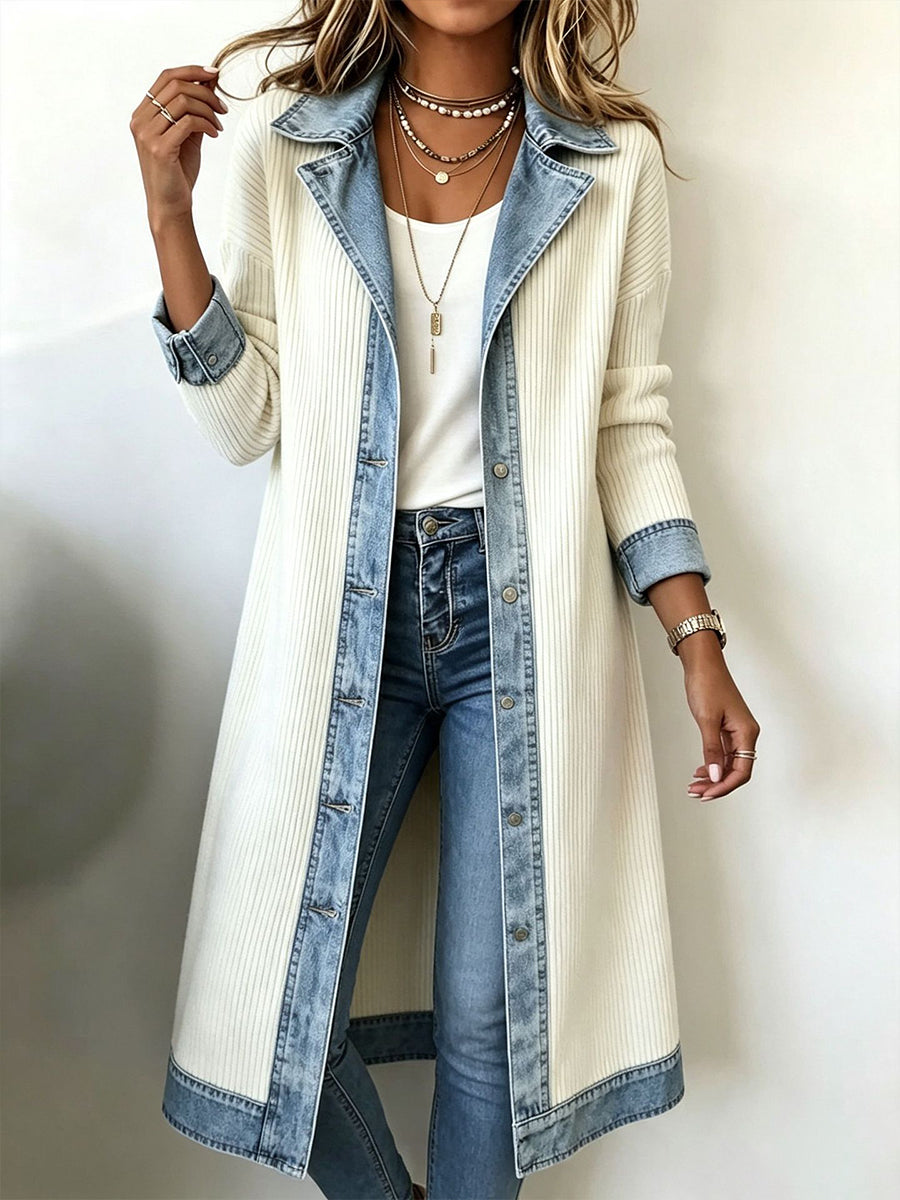 Cardigan Lungo da Donna in Maglia a Costine con Dettagli in Denim | Giacca Ibrida a Maniche Lunghe con Colletto a Camicia