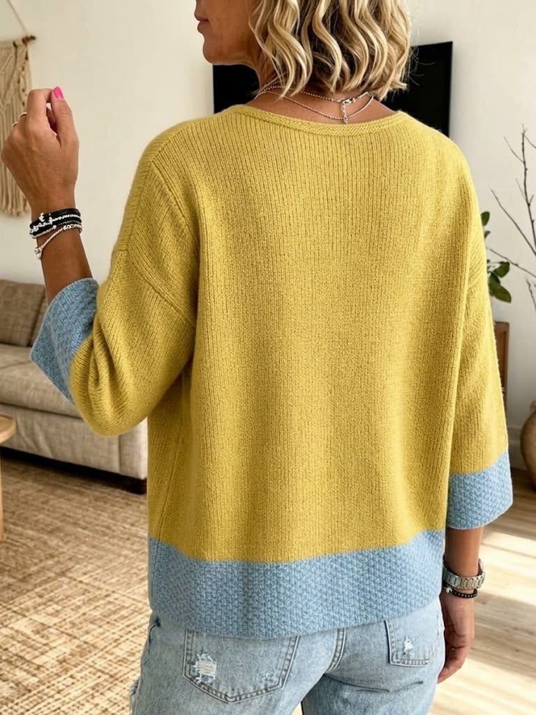Cardigan Bicolore da Donna con Scollo a V e Maniche a Tre Quarti | Giacca in Maglia Morbida con Due Bottoni Grandi