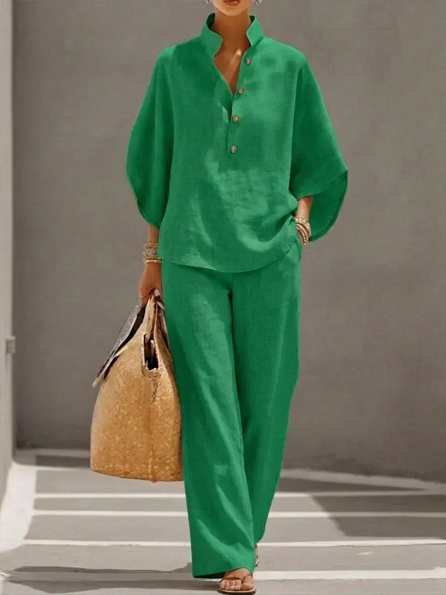 Completo in Lino da Donna a Due Pezzi | Maglia Pipistrello e Pantaloni Ampi