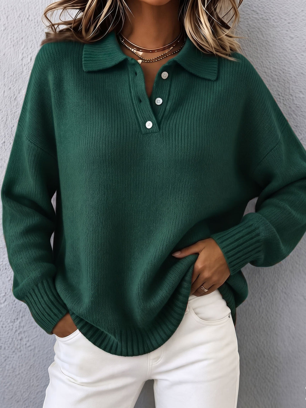 Maglione da Donna in Maglia con Cappuccio e Colletto Polo | Felpa Elegante a Maniche Lunghe con Bottoni