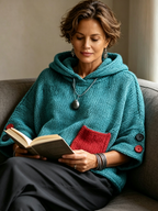 Maglione da Donna con Cappuccio in Maglia Calda e Tasca a Contrasto | Felpa Chic a Maniche a 3/4 con Bottoni Decorativi