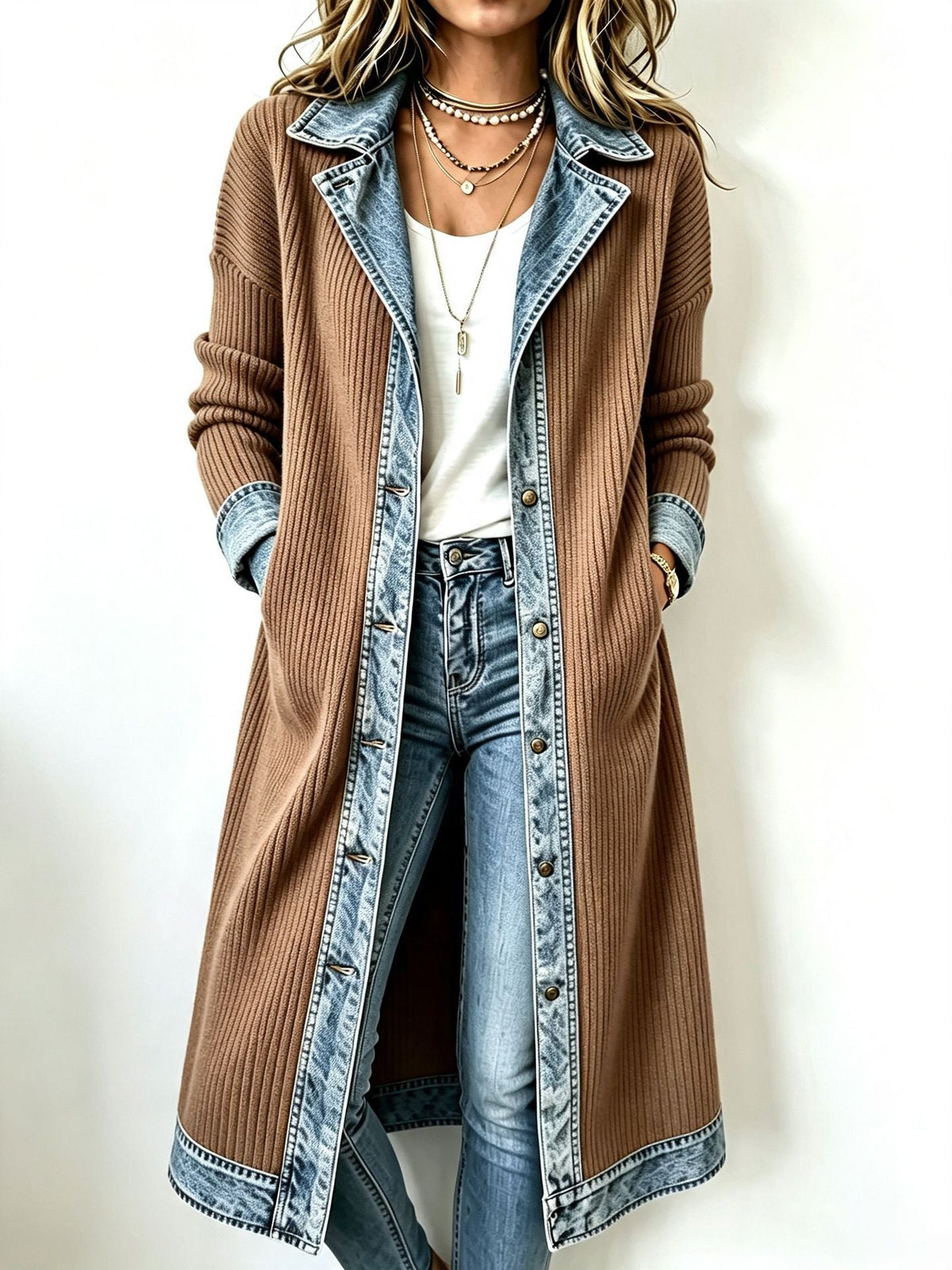 Cardigan Lungo da Donna in Maglia a Costine con Dettagli in Denim | Giacca Ibrida a Maniche Lunghe con Colletto a Camicia