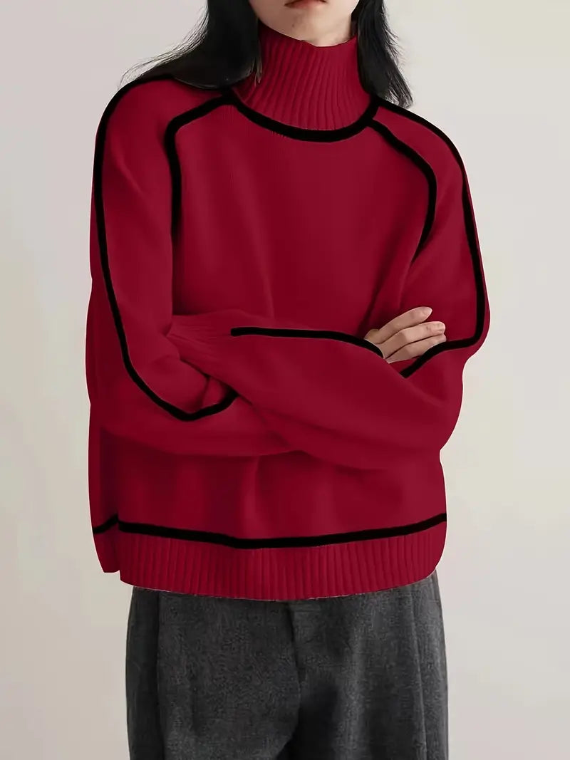 Maglione da Donna a Collo Alto con Profili a Contrasto | Pullover Dolcevita Invernale Caldo con Maniche Raglan e Bordature