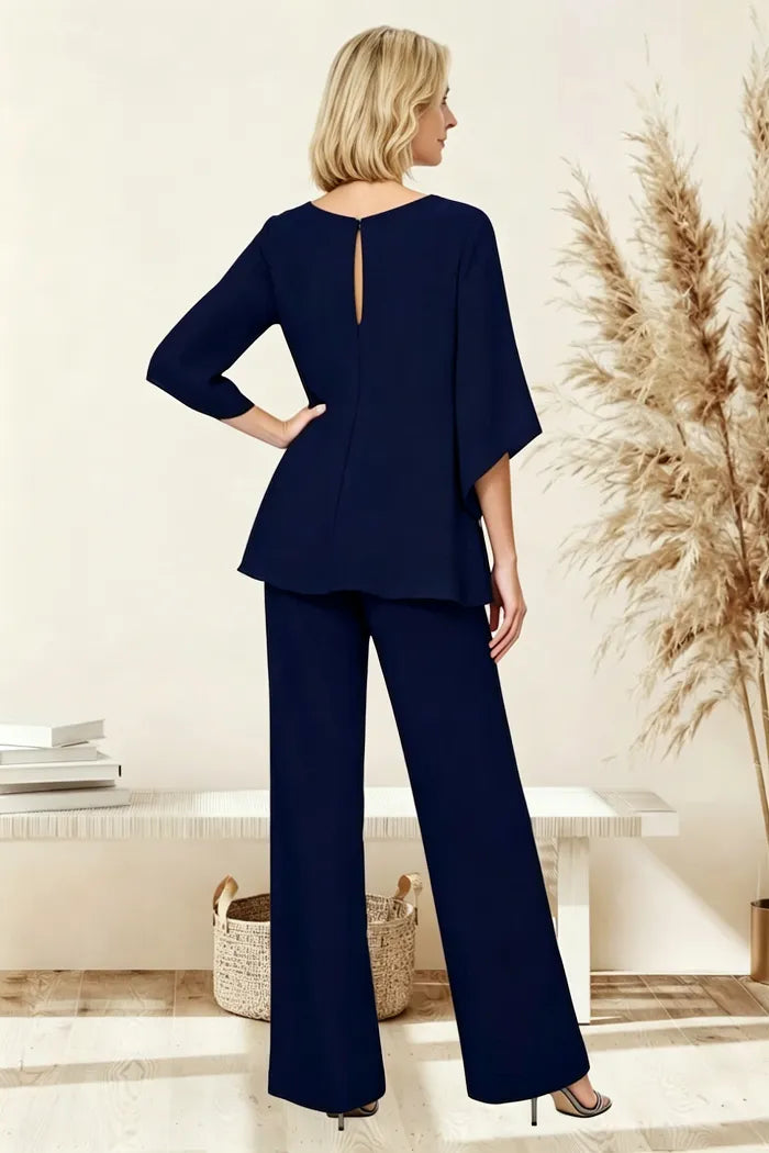 Completo Elegante da Cerimonia 2 Pezzi con Tunica Asimmetrica e Pantaloni a Gamba Larga | Set Formale con Scollo a Goccia con Perline e Maniche a Spacco
