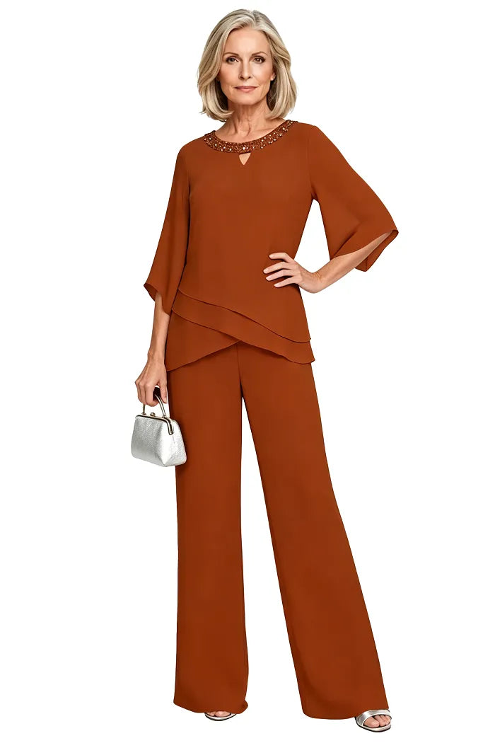 Completo Elegante da Cerimonia 2 Pezzi con Tunica Asimmetrica e Pantaloni a Gamba Larga | Set Formale con Scollo a Goccia con Perline e Maniche a Spacco