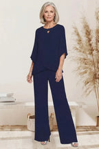 Completo Elegante da Cerimonia 2 Pezzi con Tunica Asimmetrica e Pantaloni a Gamba Larga | Set Formale con Scollo a Goccia con Perline e Maniche a Spacco