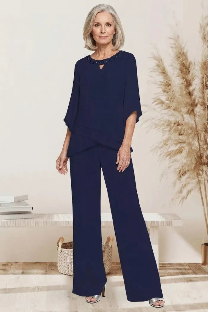 Completo Elegante da Cerimonia 2 Pezzi con Tunica Asimmetrica e Pantaloni a Gamba Larga | Set Formale con Scollo a Goccia con Perline e Maniche a Spacco