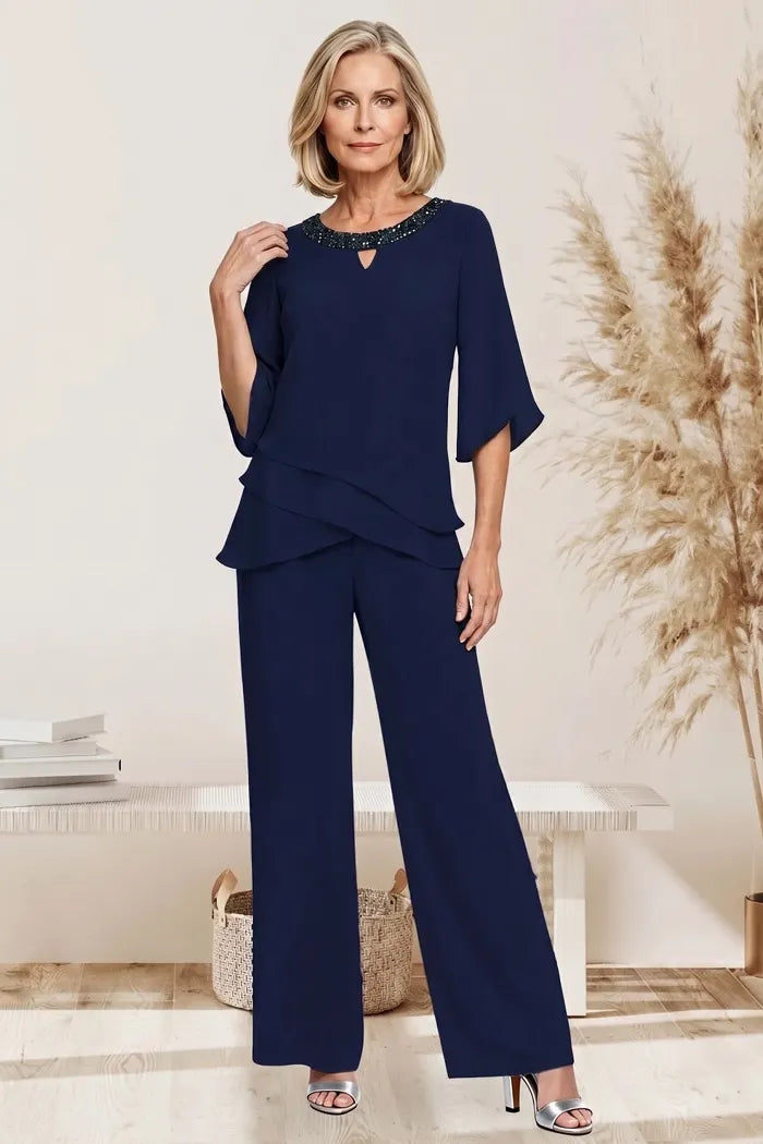 Completo Elegante da Cerimonia 2 Pezzi con Tunica Asimmetrica e Pantaloni a Gamba Larga | Set Formale con Scollo a Goccia con Perline e Maniche a Spacco