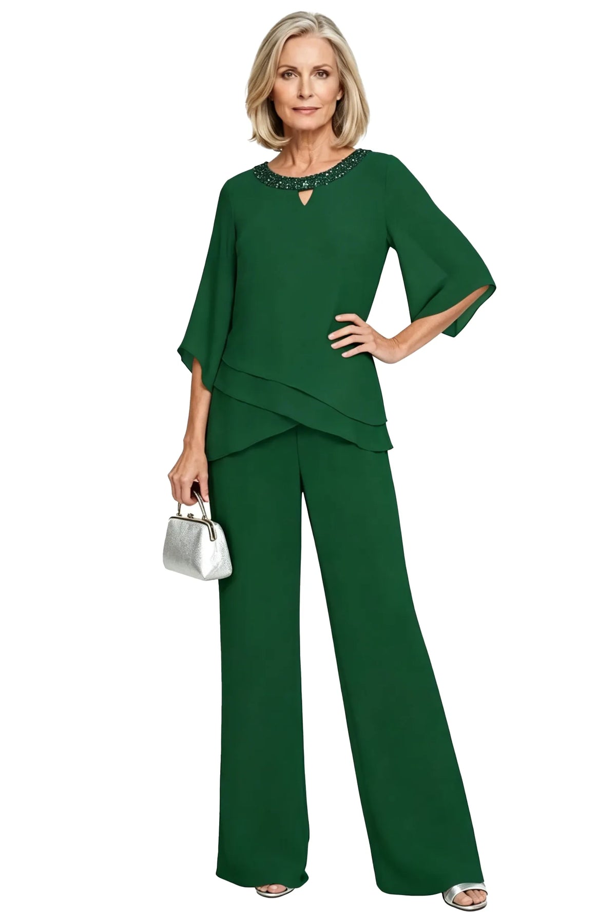 Completo Elegante da Cerimonia 2 Pezzi con Tunica Asimmetrica e Pantaloni a Gamba Larga | Set Formale con Scollo a Goccia con Perline e Maniche a Spacco