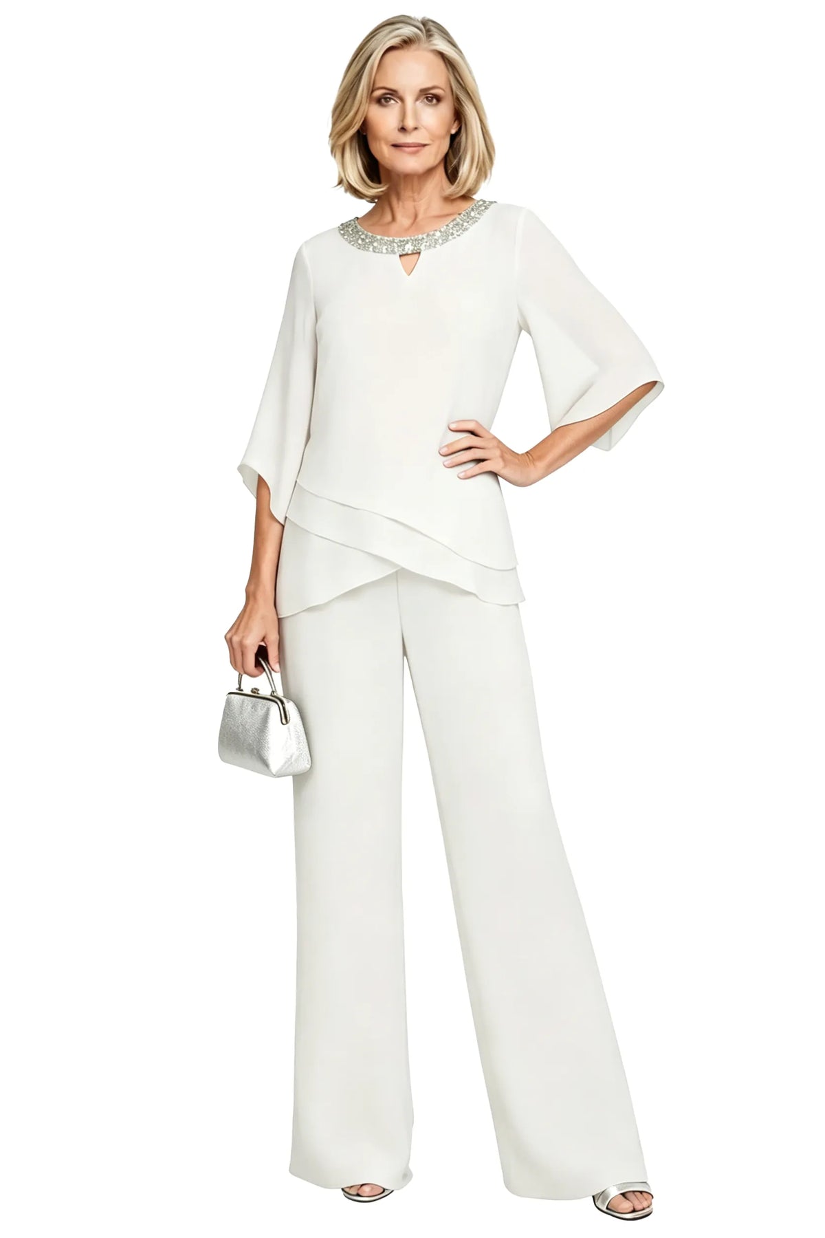 Completo Elegante da Cerimonia 2 Pezzi con Tunica Asimmetrica e Pantaloni a Gamba Larga | Set Formale con Scollo a Goccia con Perline e Maniche a Spacco