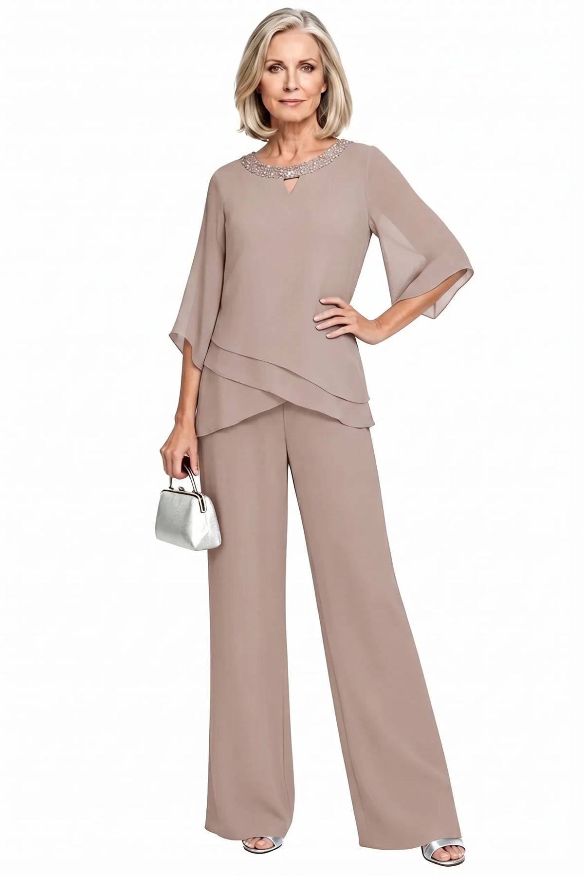 Completo Elegante da Cerimonia 2 Pezzi con Tunica Asimmetrica e Pantaloni a Gamba Larga | Set Formale con Scollo a Goccia con Perline e Maniche a Spacco