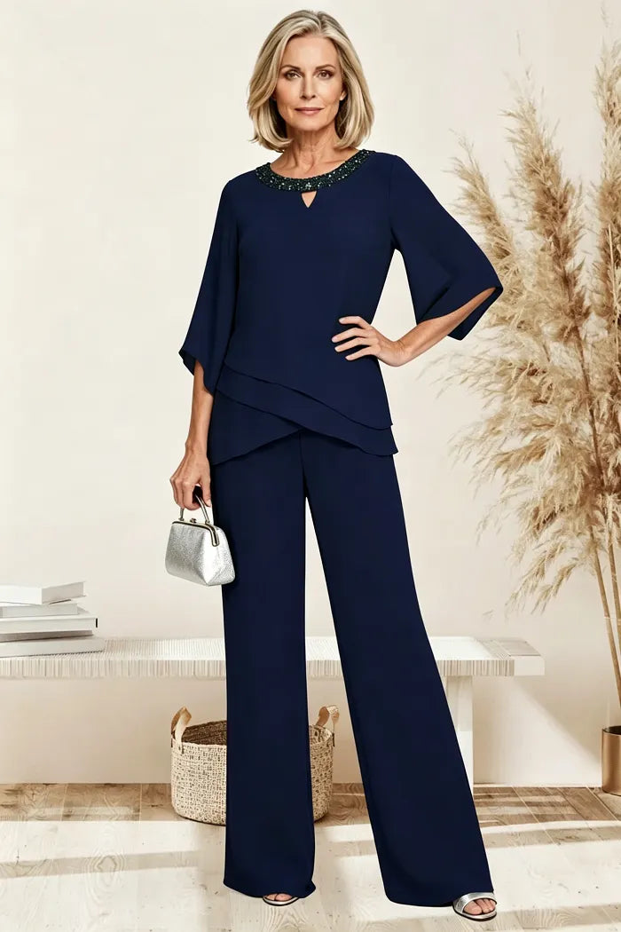Completo Elegante da Cerimonia 2 Pezzi con Tunica Asimmetrica e Pantaloni a Gamba Larga | Set Formale con Scollo a Goccia con Perline e Maniche a Spacco