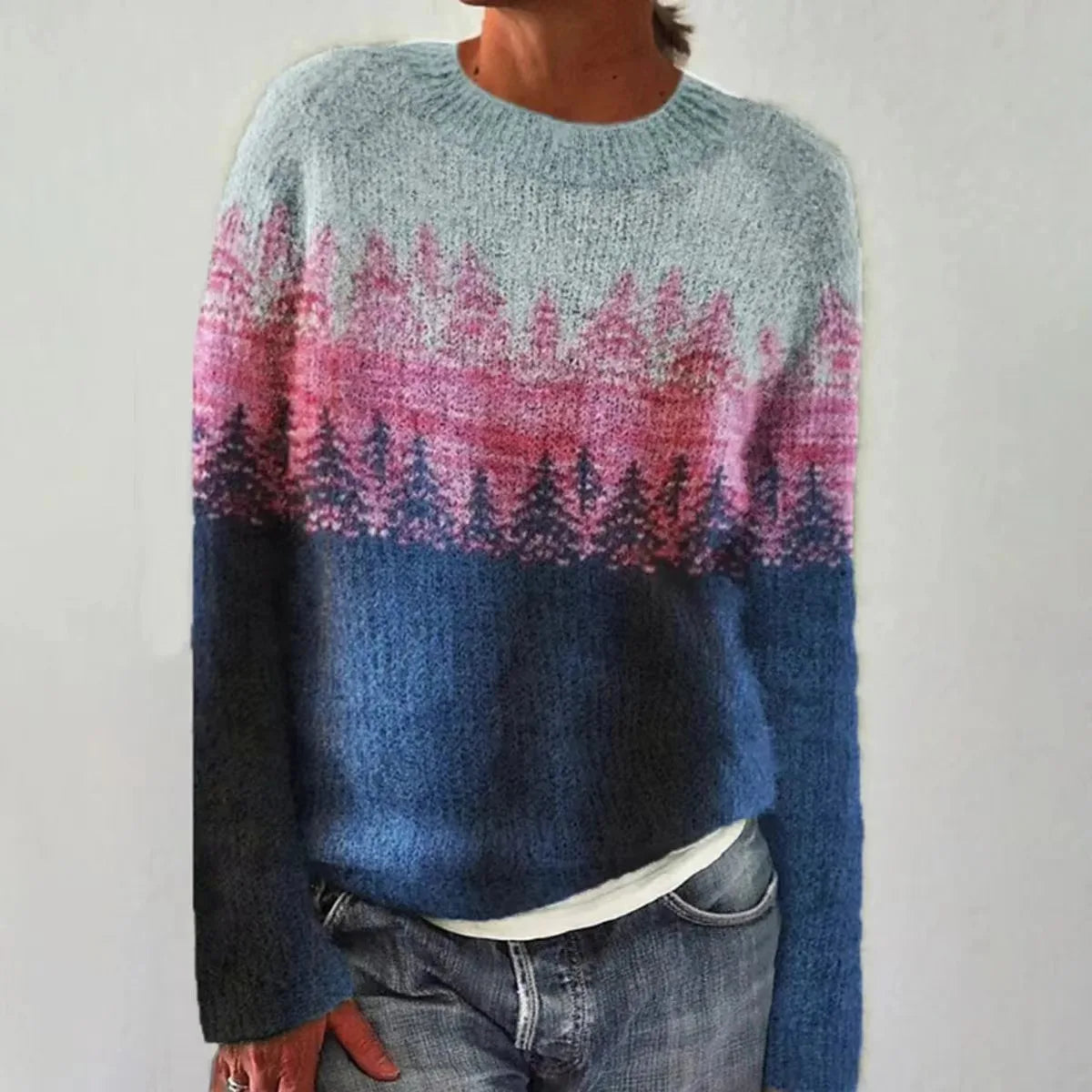 Maglione da Donna Girocollo in Maglia con Motivo Paesaggio Scandinavo | Pullover Invernale Caldo con Alberi Nordici a Blocchi di Colore