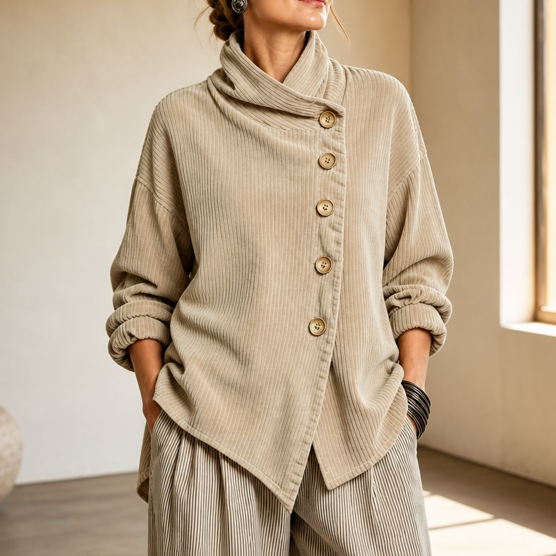 Top da Donna in Velluto a Coste Asimmetrico con Collo a Imbuto | Camicia Morbida a Maniche Lunghe con Bottoni Diagonali e Tasche