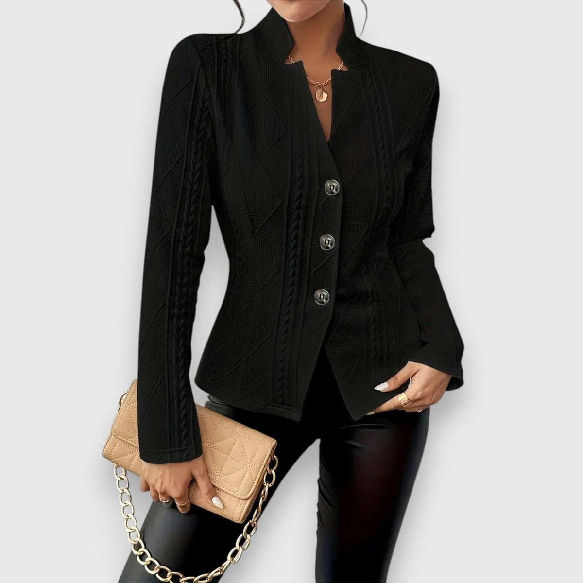 Cardigan da Donna in Maglia Testurizzata con Collo Rialzato e Bottoni | Giacca Aperta a Trecce e Rombi Sagomata