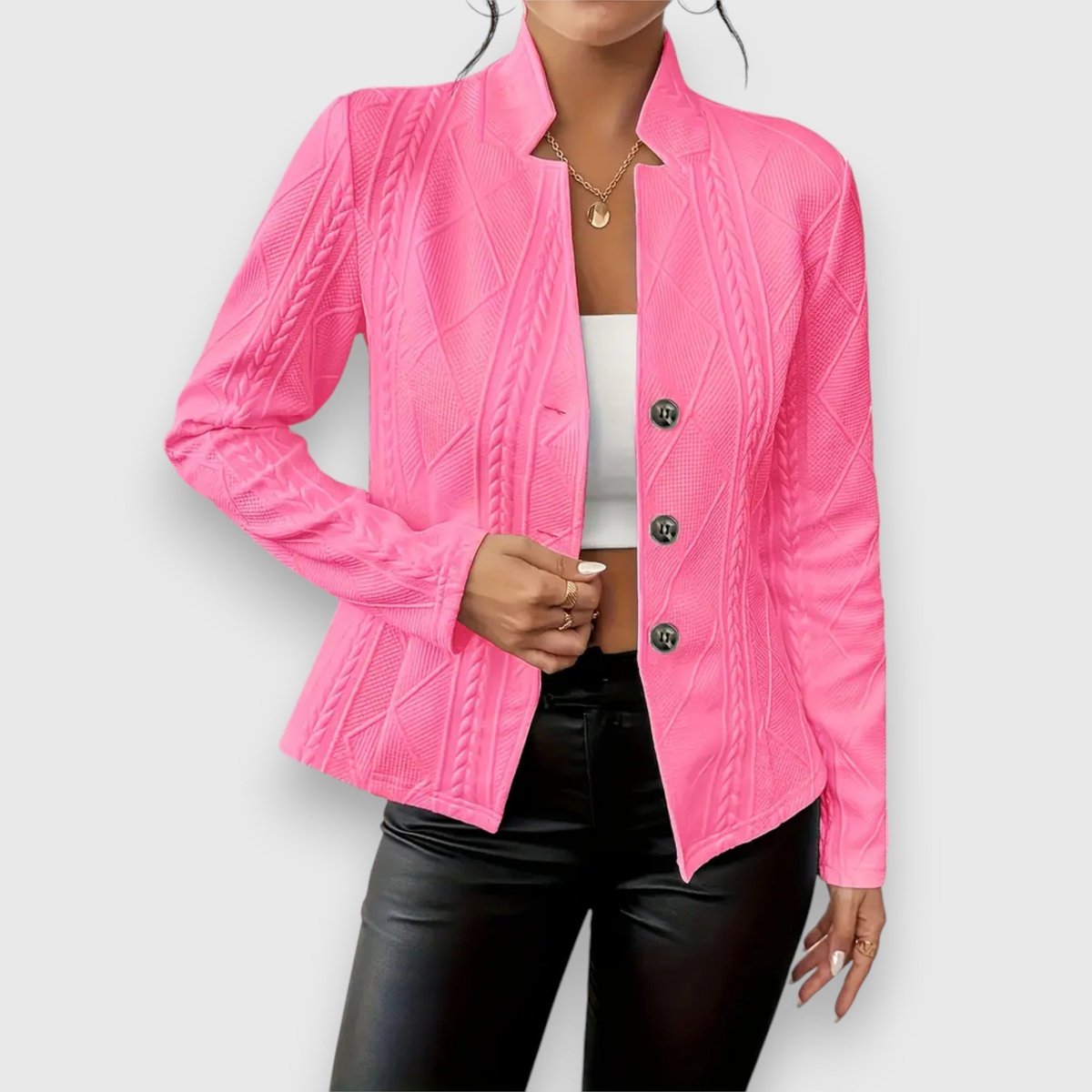 Cardigan da Donna in Maglia Testurizzata con Collo Rialzato e Bottoni | Giacca Aperta a Trecce e Rombi Sagomata