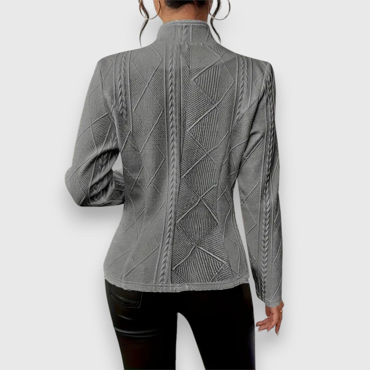 Cardigan da Donna in Maglia Testurizzata con Collo Rialzato e Bottoni | Giacca Aperta a Trecce e Rombi Sagomata