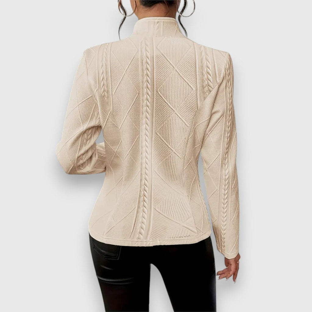 Cardigan da Donna in Maglia Testurizzata con Collo Rialzato e Bottoni | Giacca Aperta a Trecce e Rombi Sagomata
