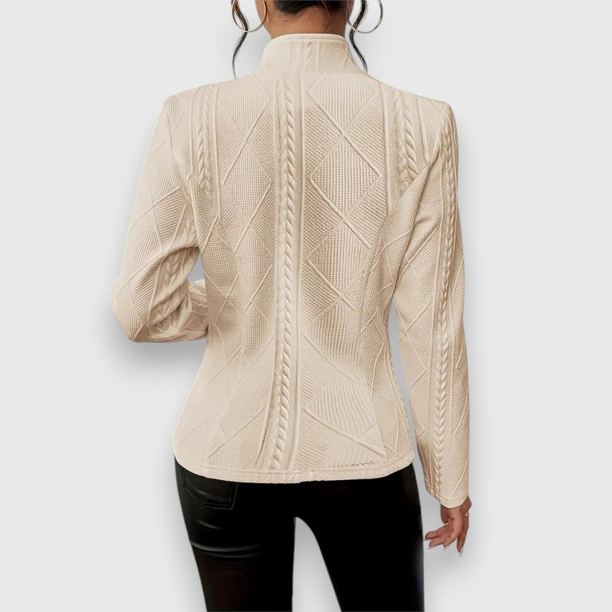 Cardigan da Donna in Maglia Testurizzata con Collo Rialzato e Bottoni | Giacca Aperta a Trecce e Rombi Sagomata
