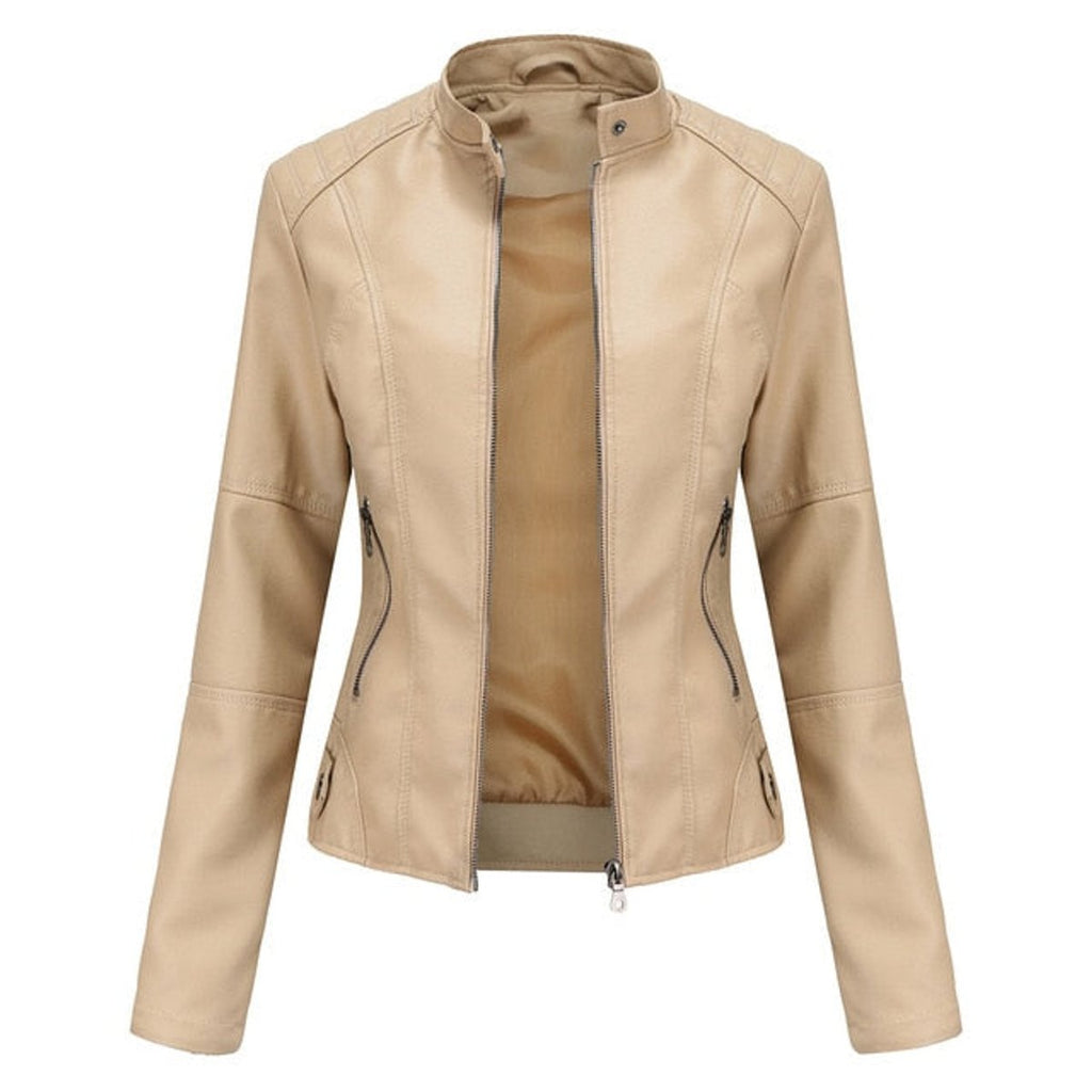 Giacca Biker da Donna in Similpelle con Collo alla Coreana | Giubbotto Moto Sagomato con Cerniera e Tasche Zip