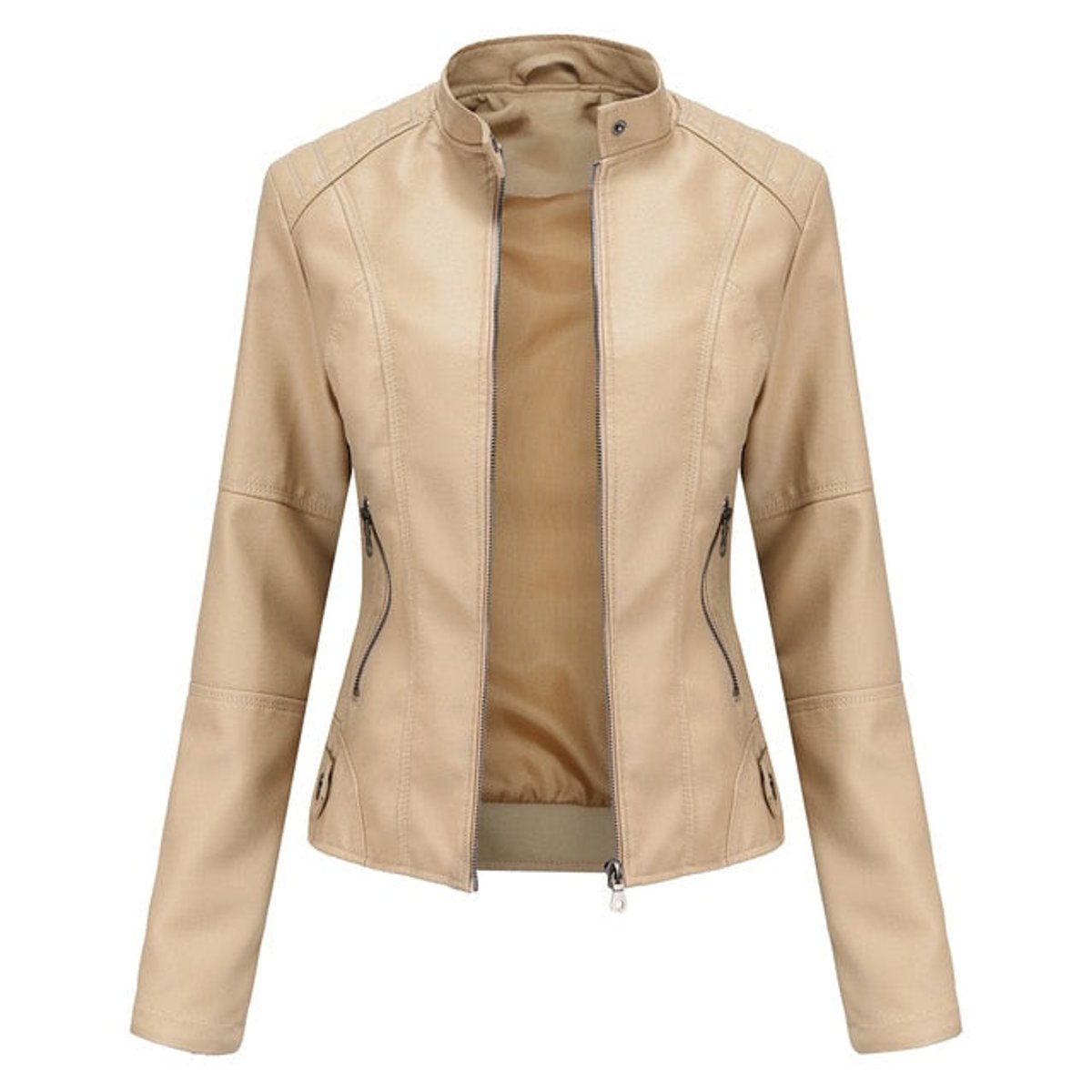 Giacca Biker da Donna in Similpelle con Collo alla Coreana | Giubbotto Moto Sagomato con Cerniera e Tasche Zip