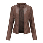 Giacca Biker da Donna in Similpelle con Collo alla Coreana | Giubbotto Moto Sagomato con Cerniera e Tasche Zip