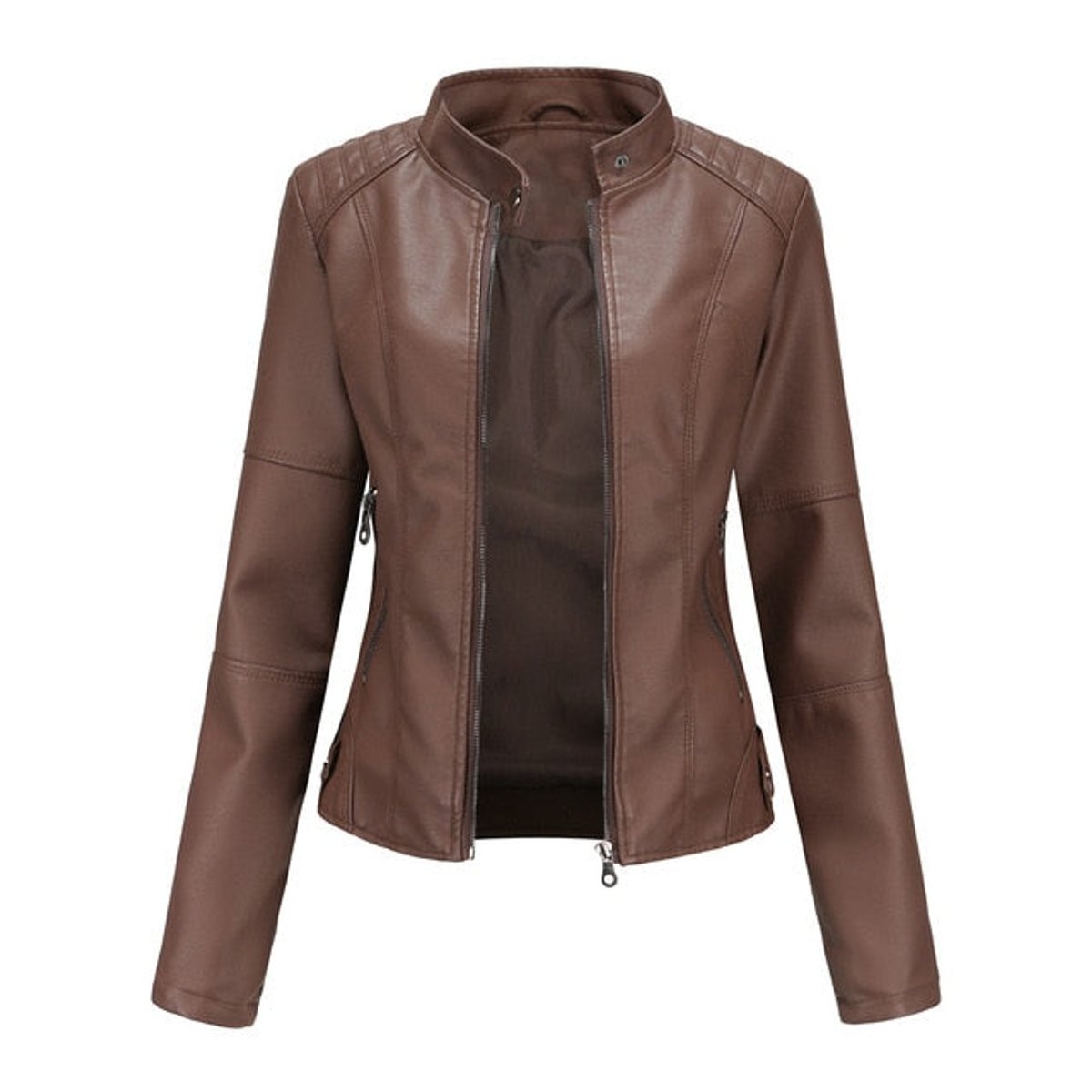Giacca Biker da Donna in Similpelle con Collo alla Coreana | Giubbotto Moto Sagomato con Cerniera e Tasche Zip