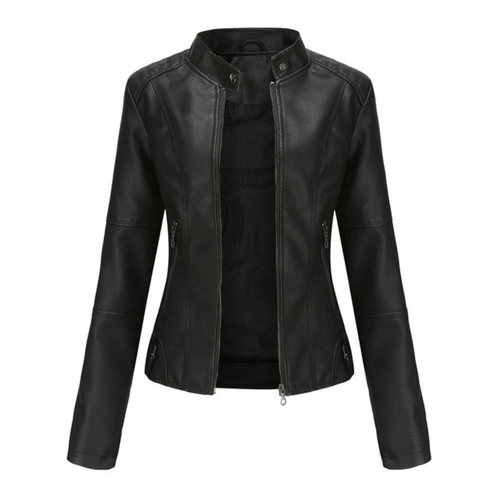 Giacca Biker da Donna in Similpelle con Collo alla Coreana | Giubbotto Moto Sagomato con Cerniera e Tasche Zip