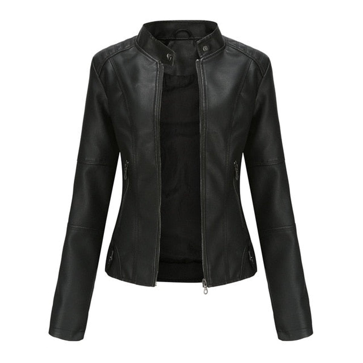 Giacca Biker da Donna in Similpelle con Collo alla Coreana | Giubbotto Moto Sagomato con Cerniera e Tasche Zip