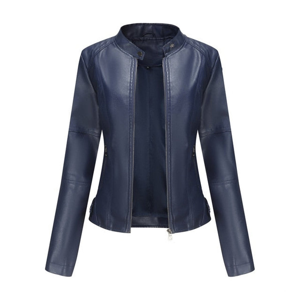 Giacca Biker da Donna in Similpelle con Collo alla Coreana | Giubbotto Moto Sagomato con Cerniera e Tasche Zip