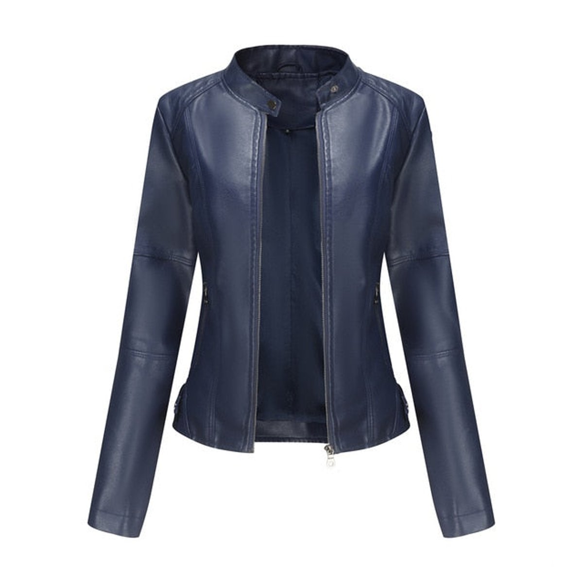 Giacca Biker da Donna in Similpelle con Collo alla Coreana | Giubbotto Moto Sagomato con Cerniera e Tasche Zip