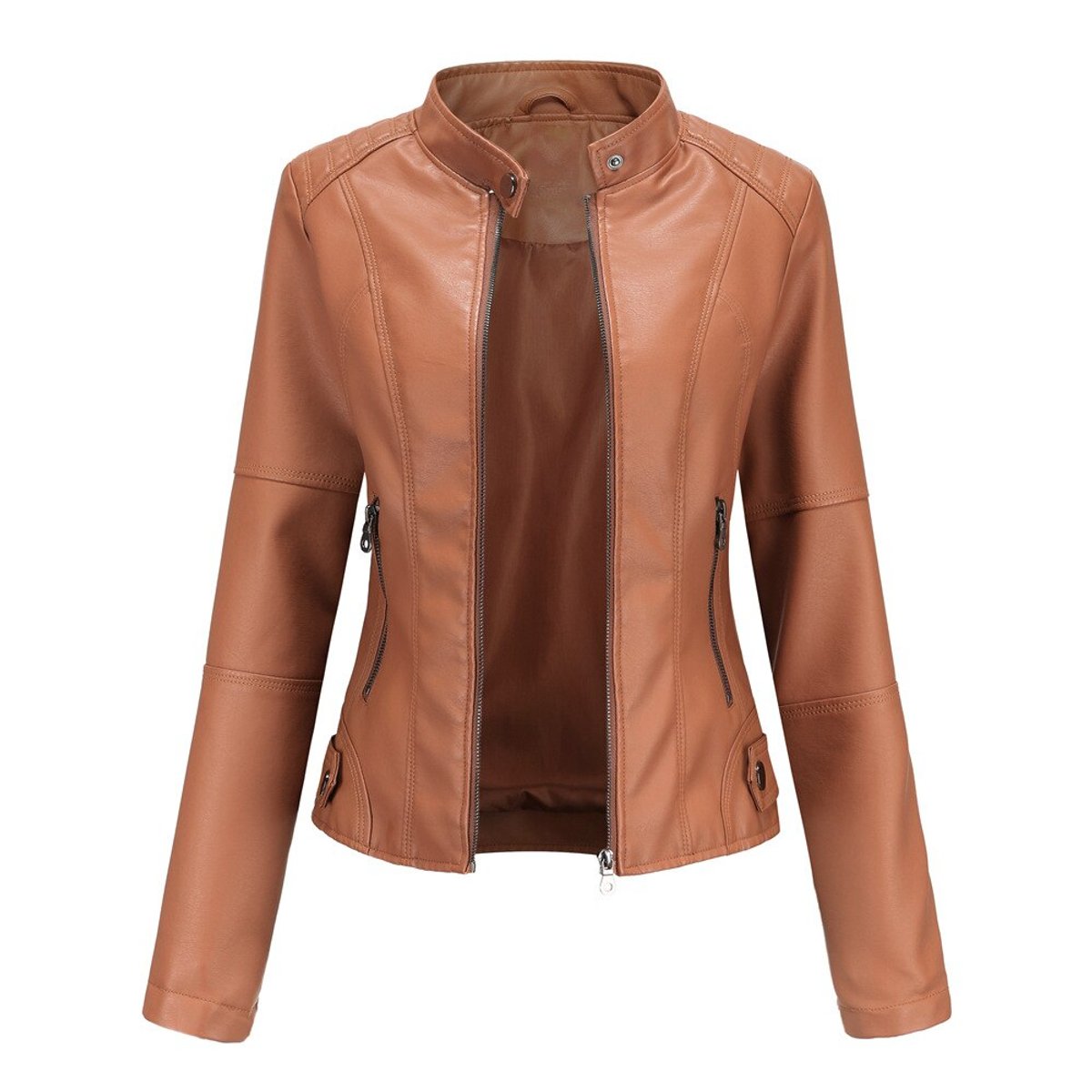Giacca Biker da Donna in Similpelle con Collo alla Coreana | Giubbotto Moto Sagomato con Cerniera e Tasche Zip