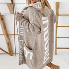 Cardigan lungo da donna con cappuccio in maglia aperta – Maglia morbida, calda e comoda con tasche