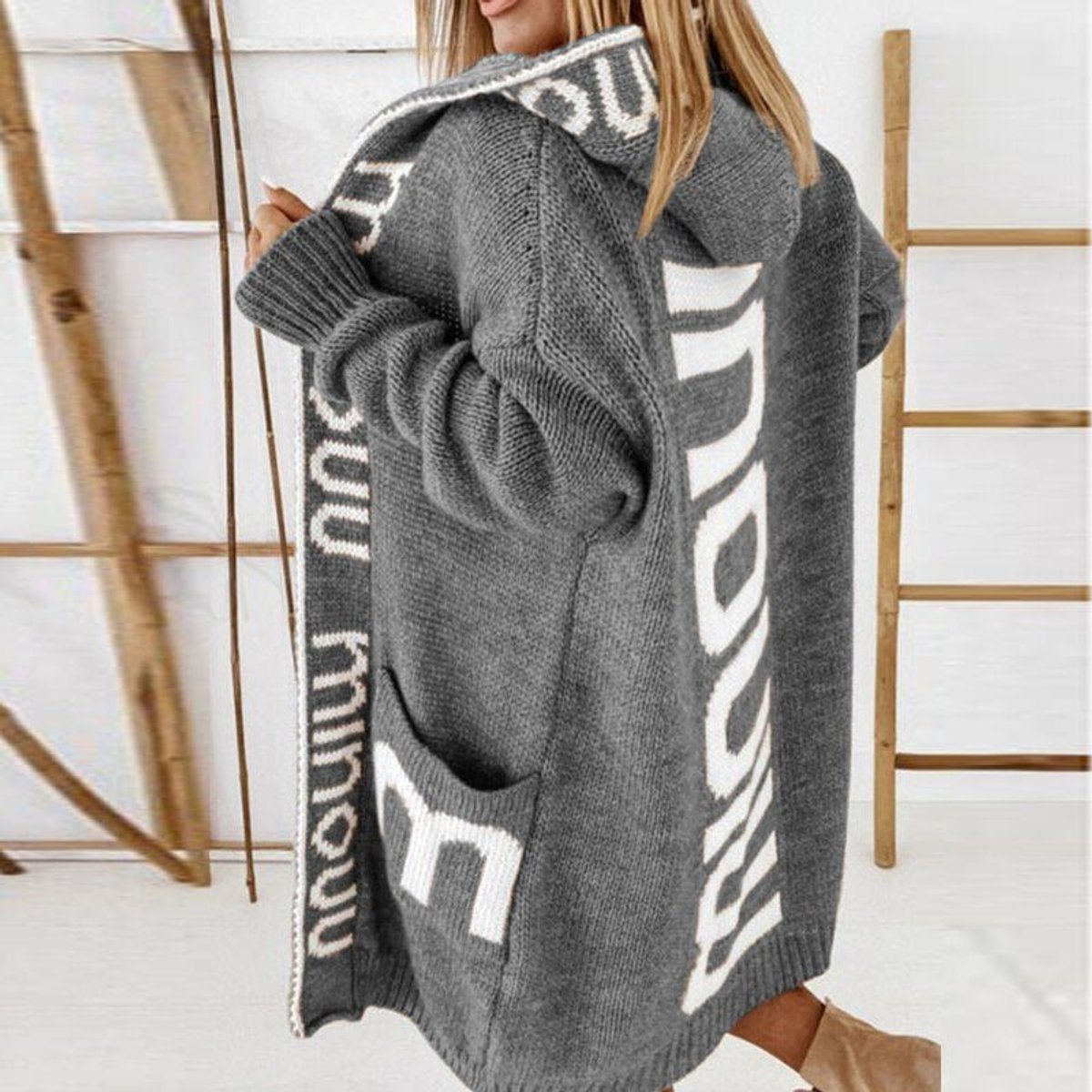 Cardigan lungo da donna con cappuccio in maglia aperta – Maglia morbida, calda e comoda con tasche